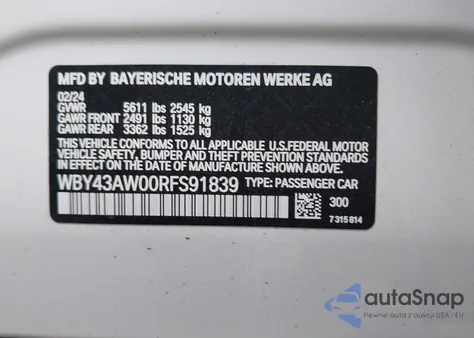 2024 BMW I4 Edrive 35 z USA, uszkodzony, nr VIN WBY43AW00RFS91839